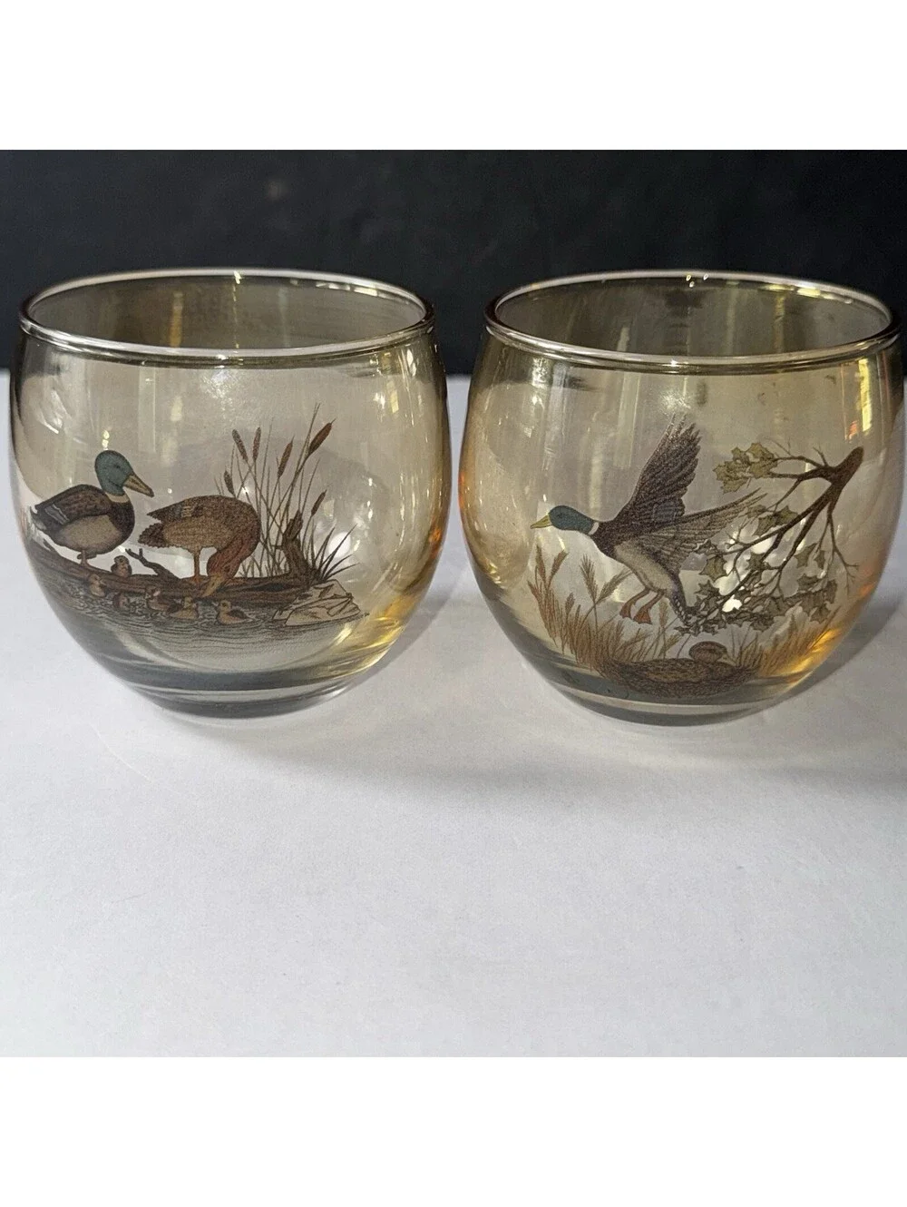 1980s Duck Wildlife Lowball Glass Cups Mallard Hunting Barware Amber Iridescent